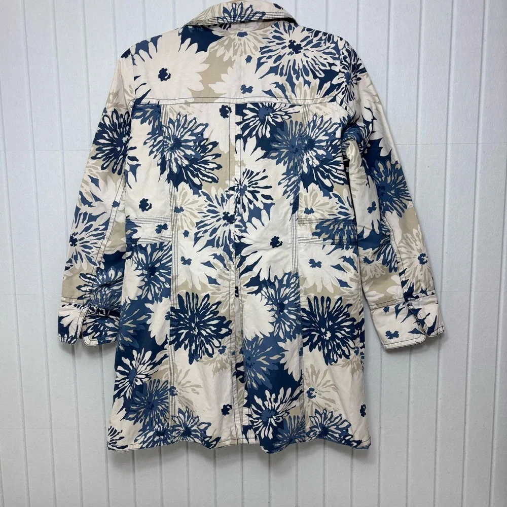 Eddie Bauer Rain Coat Floral Spring Jacket Retro Style Flowers Blue White Size S